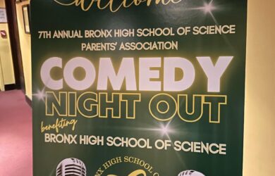 A sign to advertise Bronx Science Comedy Night 2023